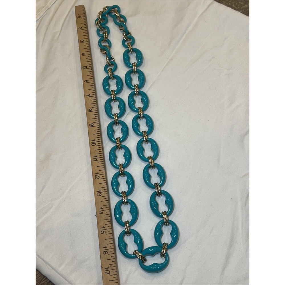 VTG? Long Estate Necklace Link Turquoise Color Gold Links 36"